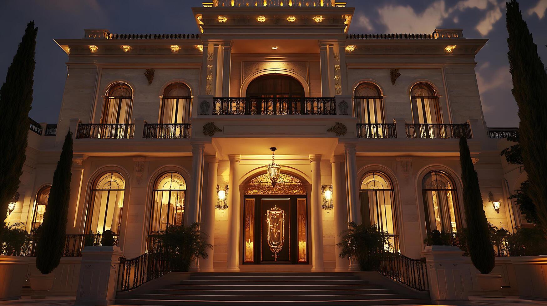 Modern Mansion Illuminated Elegantly Against an Evening Sky photo