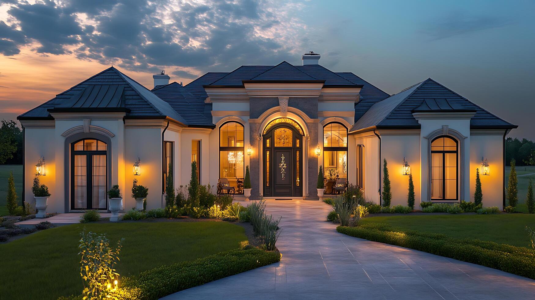 Sophisticated Home Exterior Captures Beauty of Evening Serenity photo