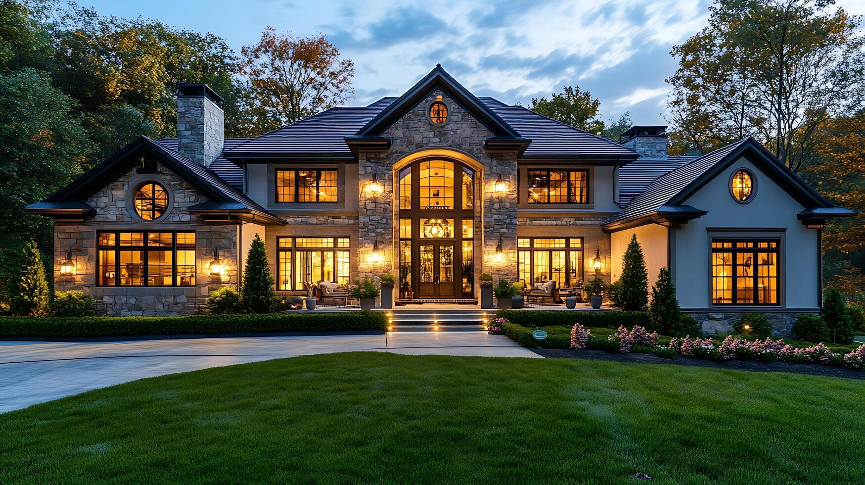 Modern Home Exterior Glows in the Tranquil Evening Light photo