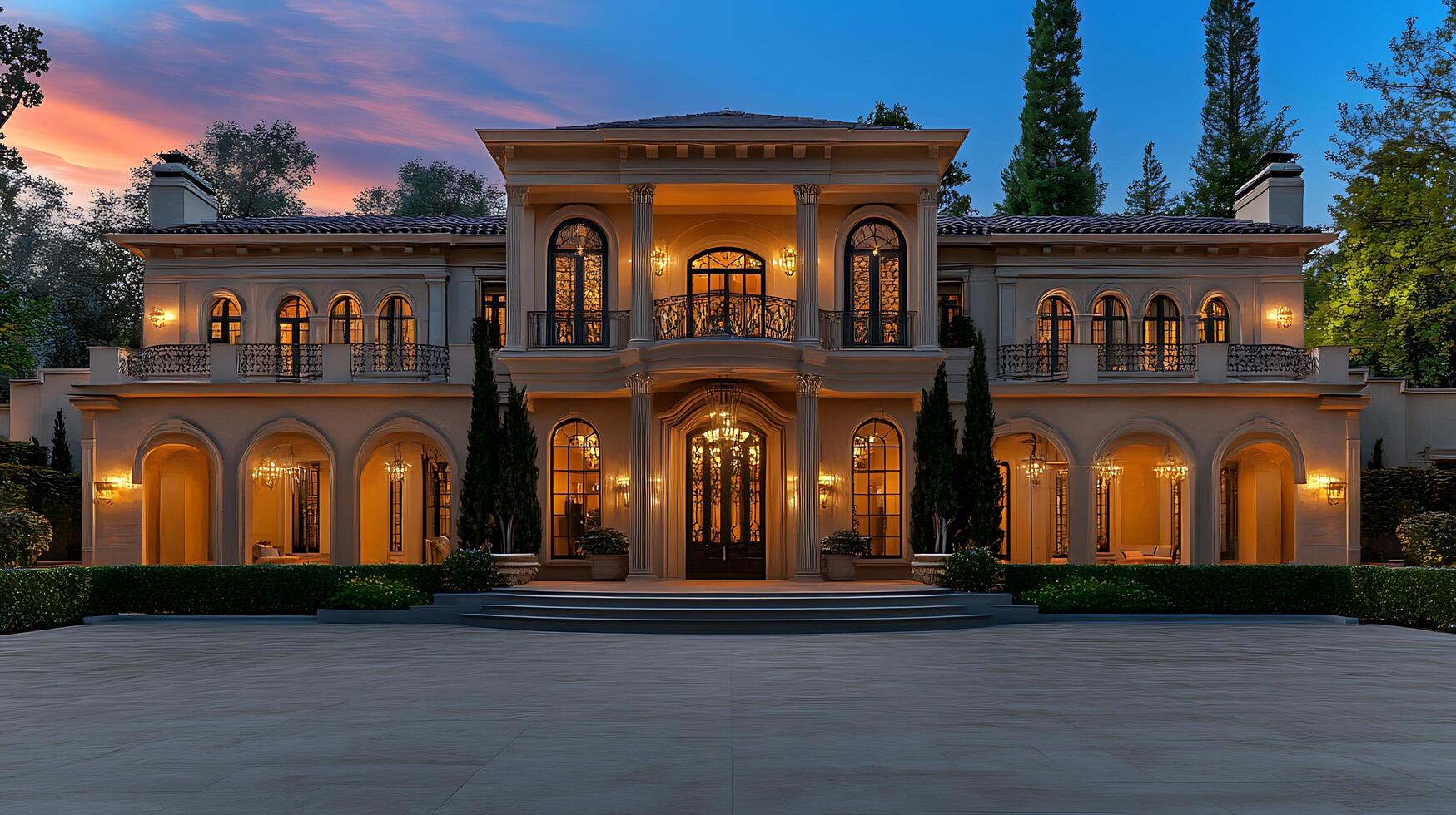 Front View of a Stunning Residence in Evening Serenity photo