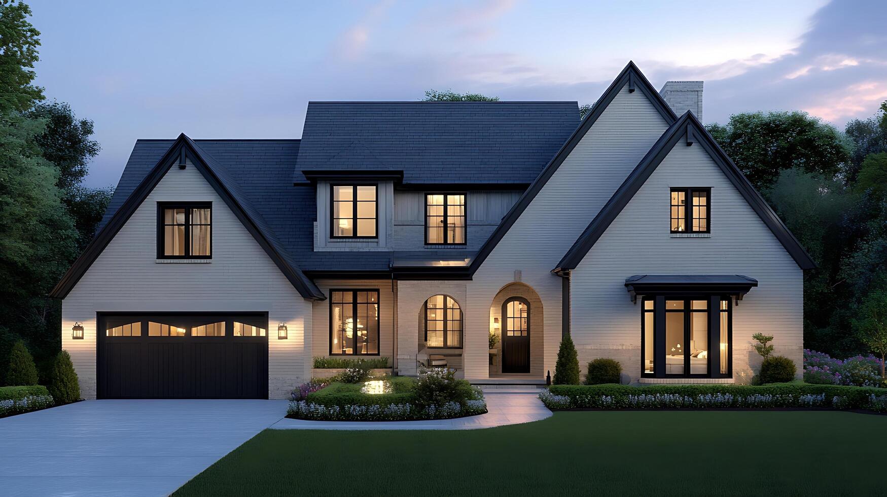 Opulent Home Exterior Illuminated in Evening Serenity photo