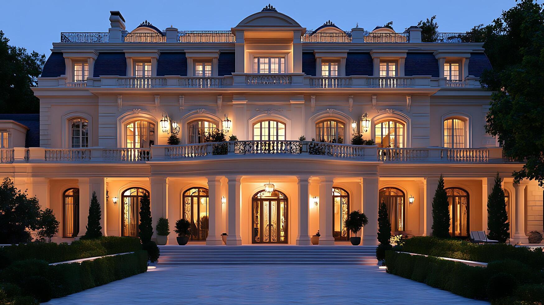Chic Home Front Elegantly Lit in the Soft Evening Glow photo
