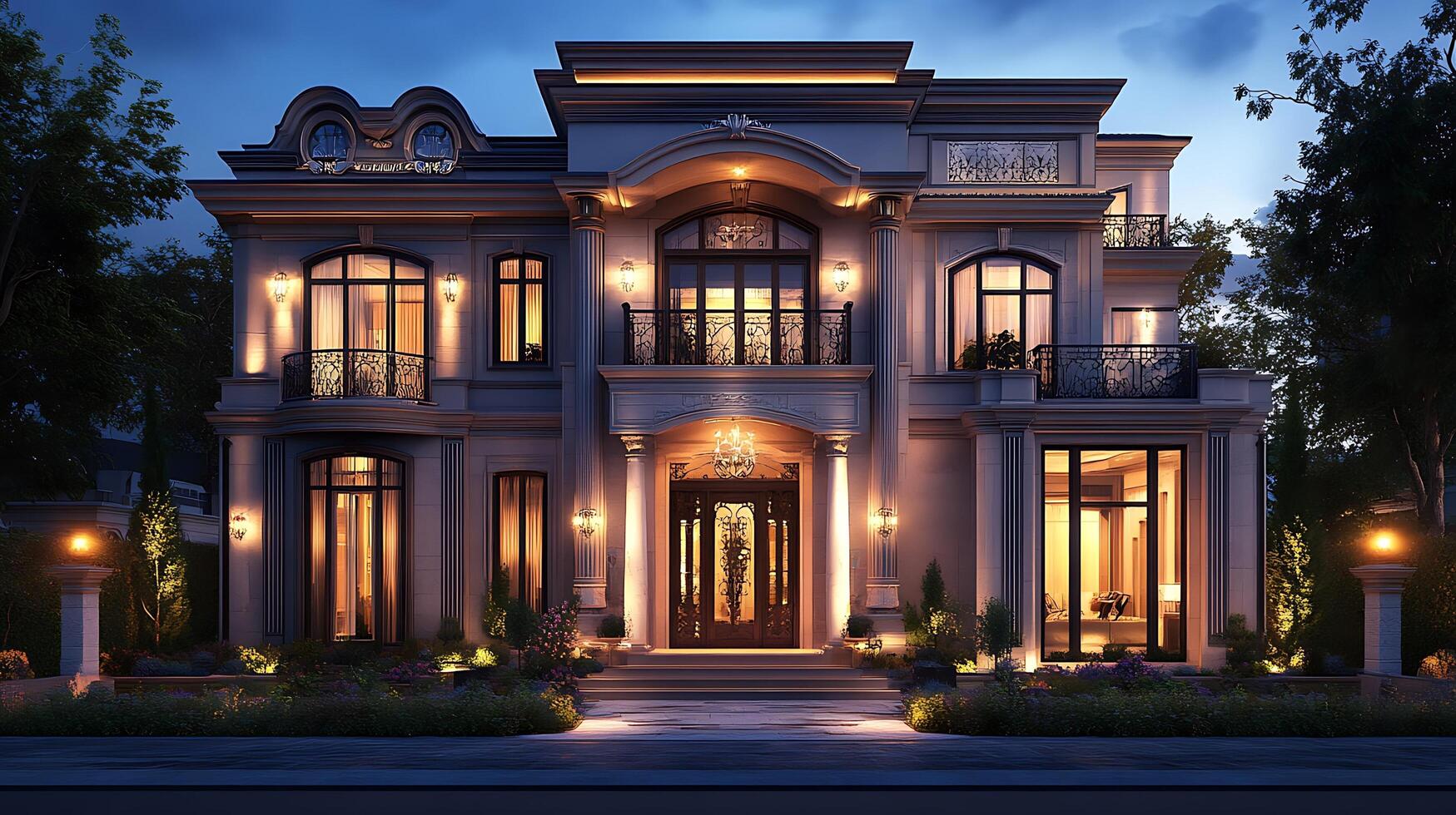 Sophisticated Evening View of a Luxurious Home Facade photo