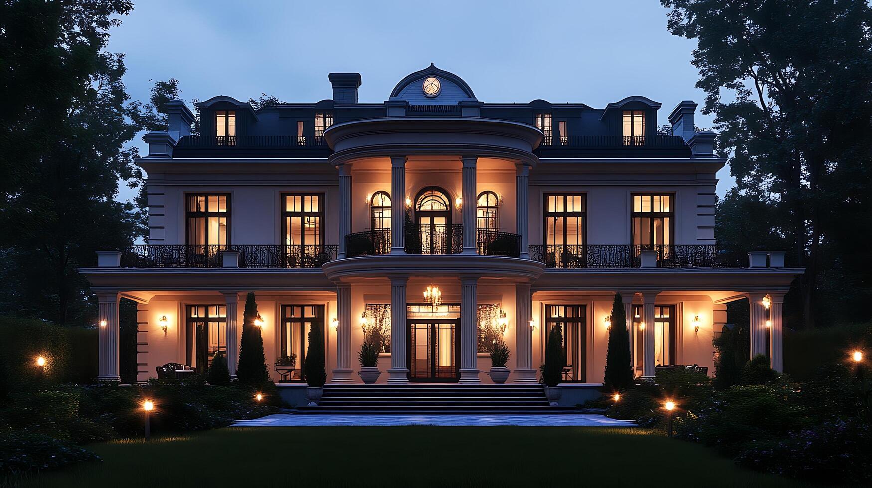 Opulent Modern Home Shimmering Against the Nightfall Sky photo
