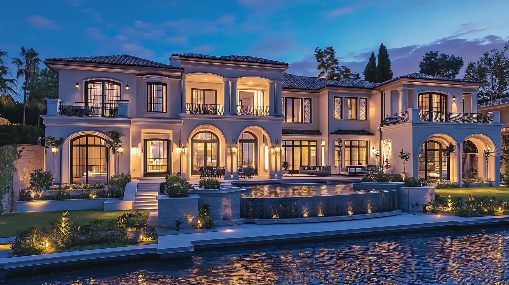 Peaceful Evening Glow Showcases Elegance of a Luxury Exterior photo