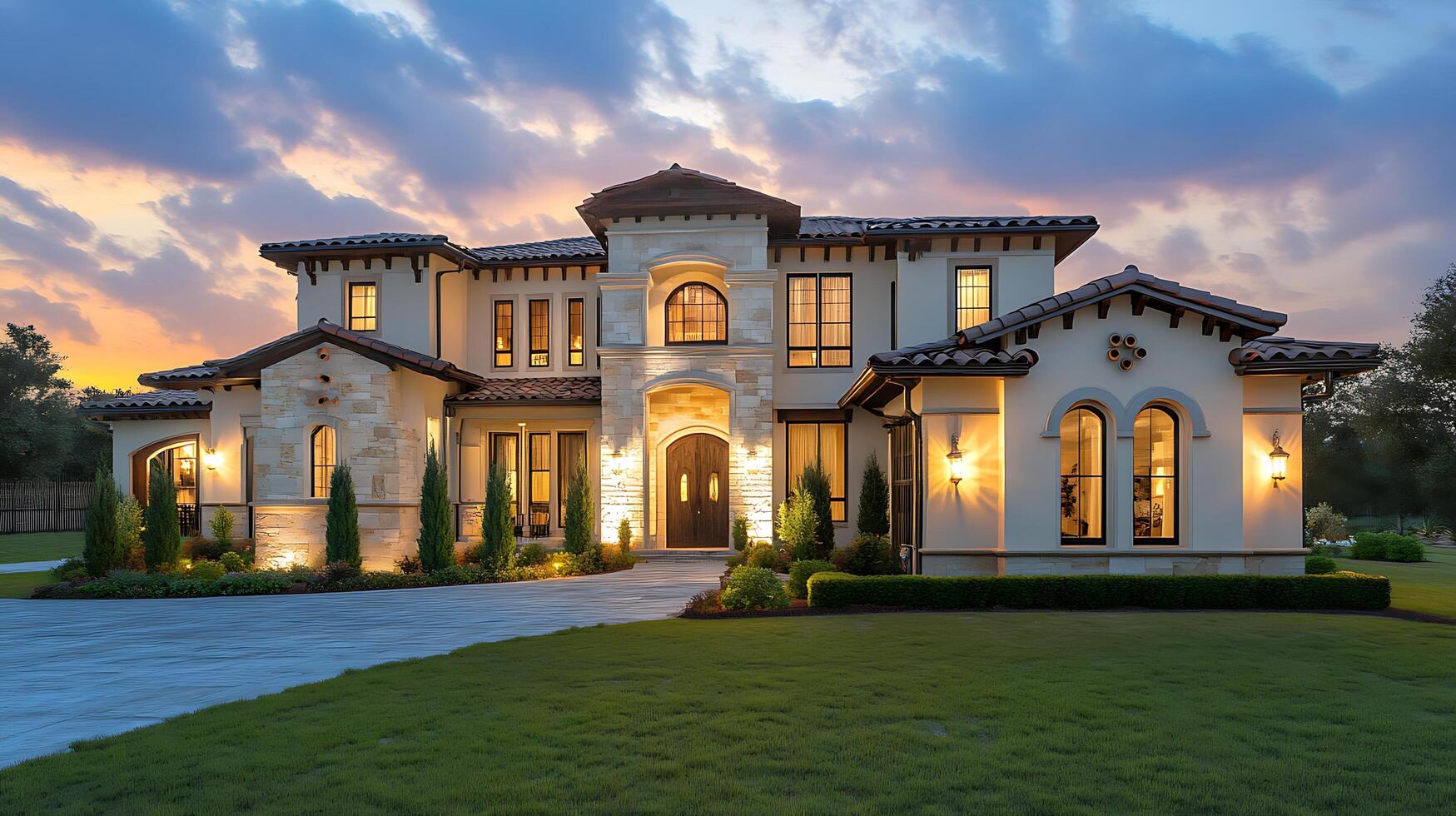 Evening Glow Accentuates the Beauty of a Luxury Home Front photo