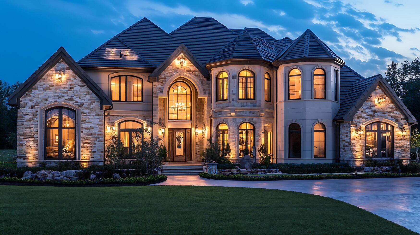 Serenity and Luxury Intertwined in Dusk-Lit Elegant Home Exterior photo