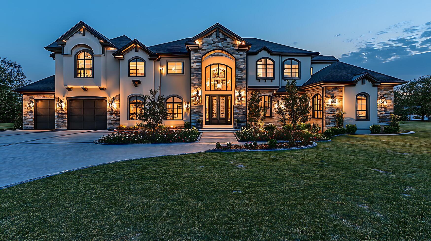 Sophisticated Home Exterior Glows Amidst the Serenity of Evening Skies photo