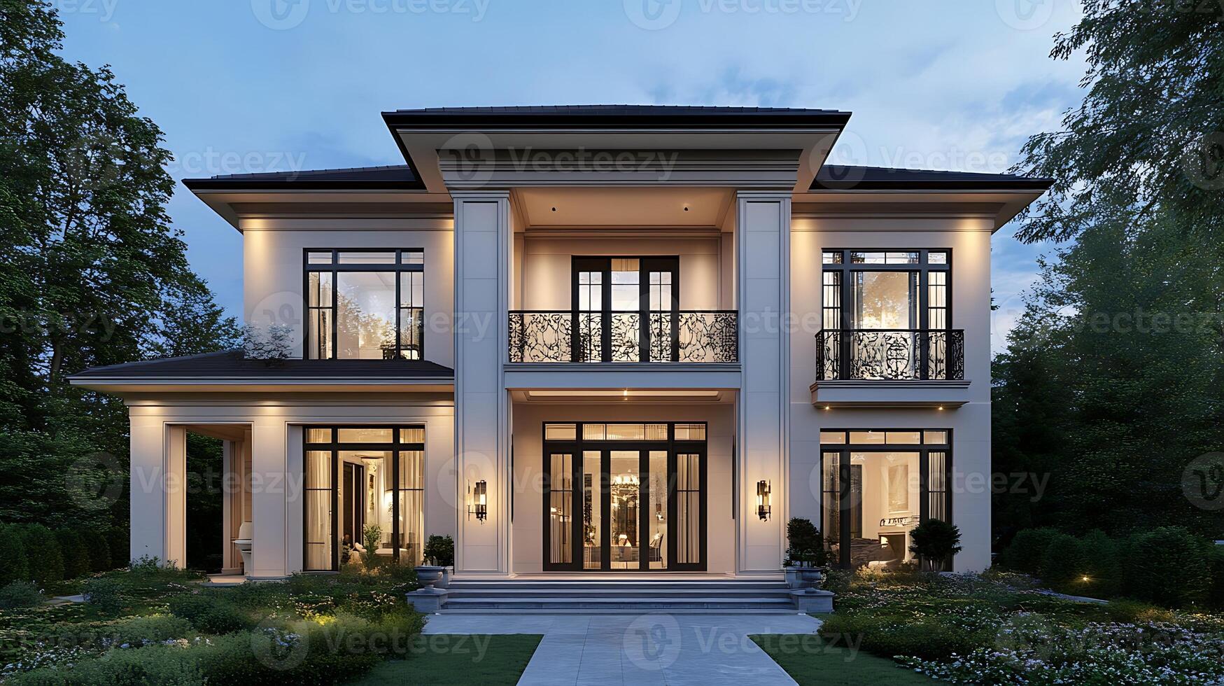 Evening Lights Bathing a Chic Modern Home in Warmth photo