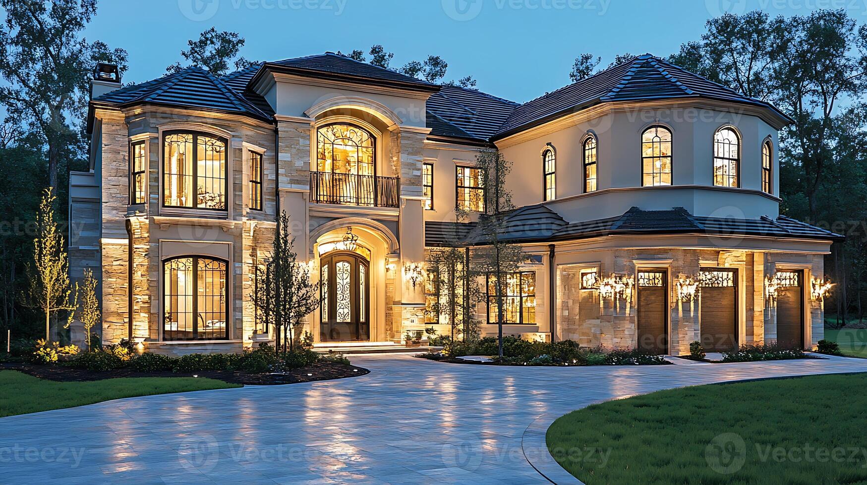 Modern Home Facade Glimmering Under the Evening Dusk Glow photo