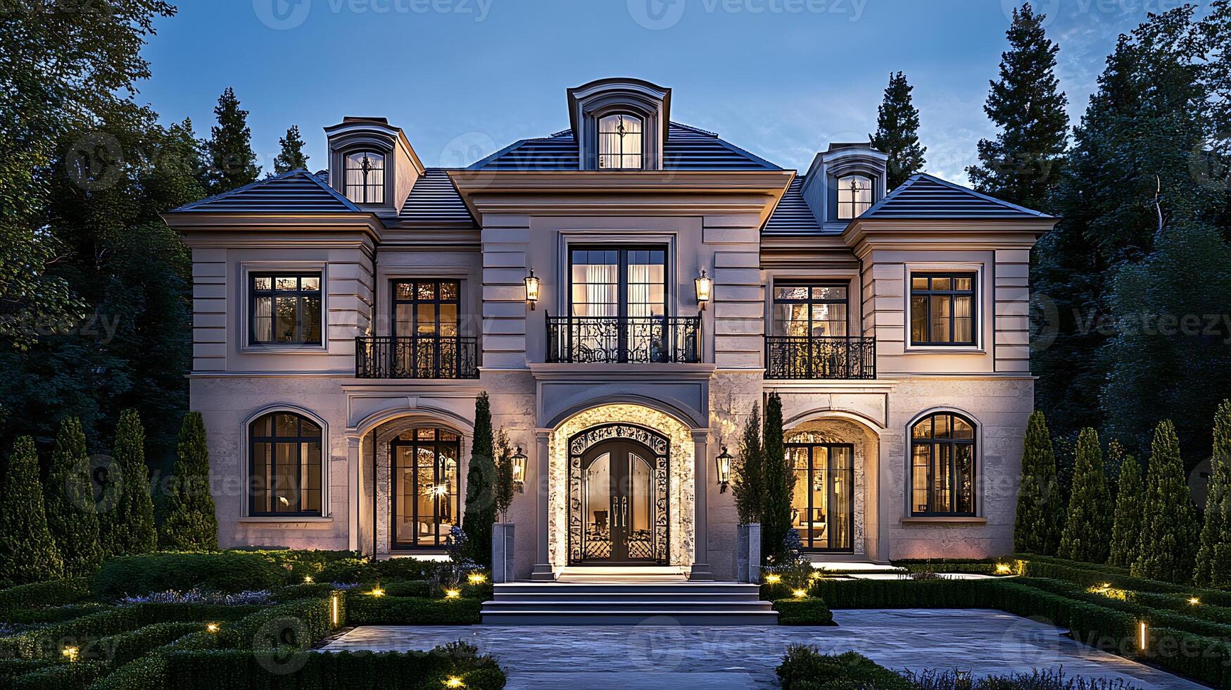 Modern Home Glowing Softly Under the Warm Evening Horizon photo