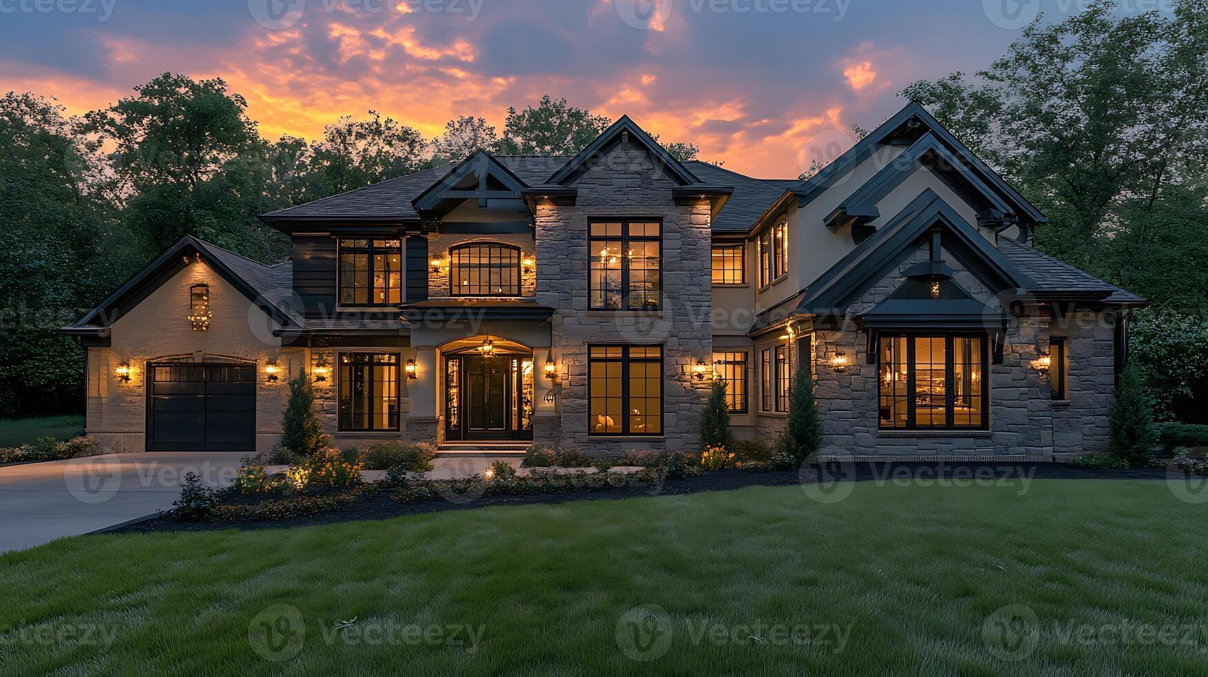 Twilight Evening Sky Showcasing a Stunning Modern Home photo