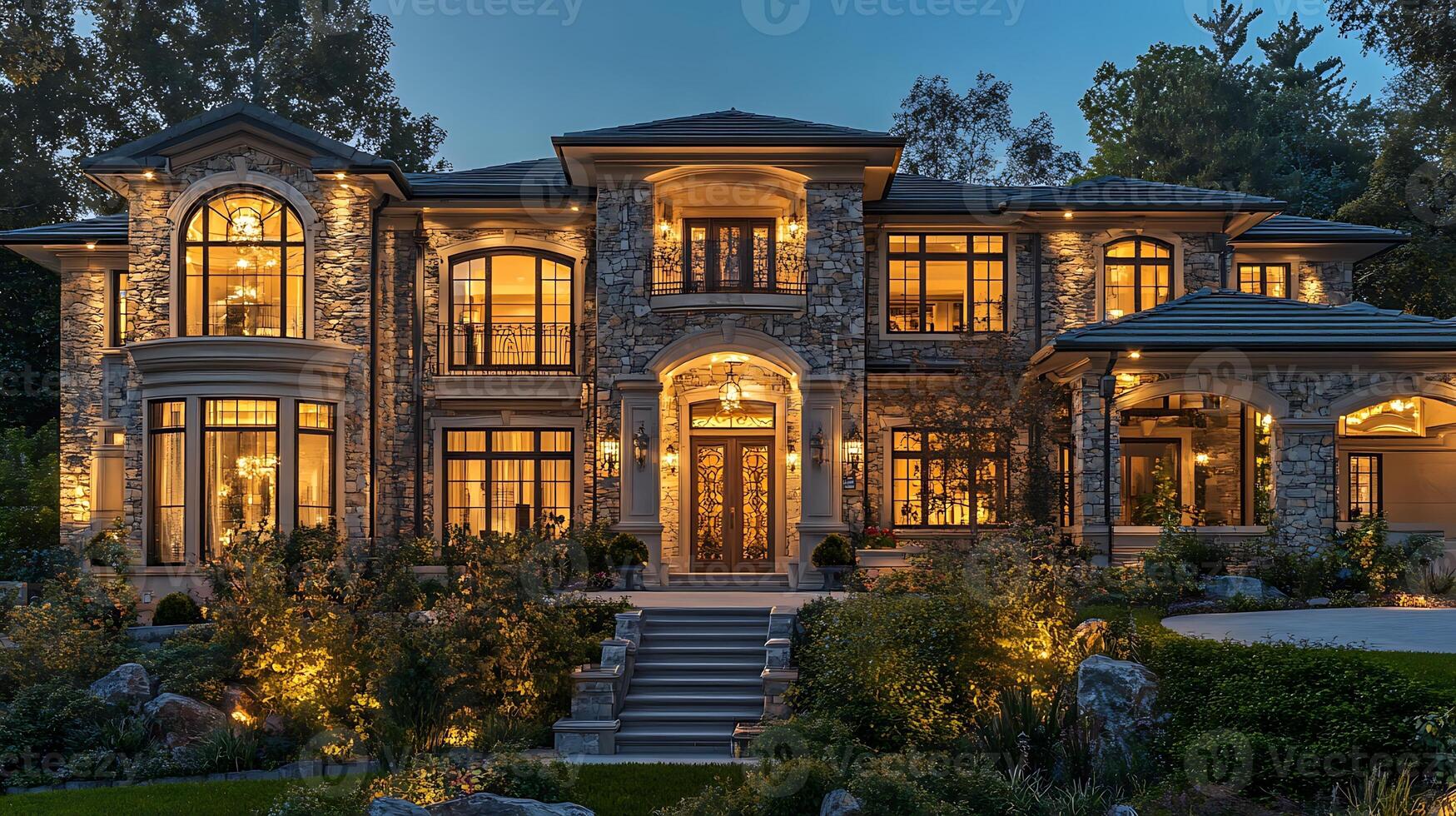Twilight Lights Transforming a Chic Luxury Home Exterior photo