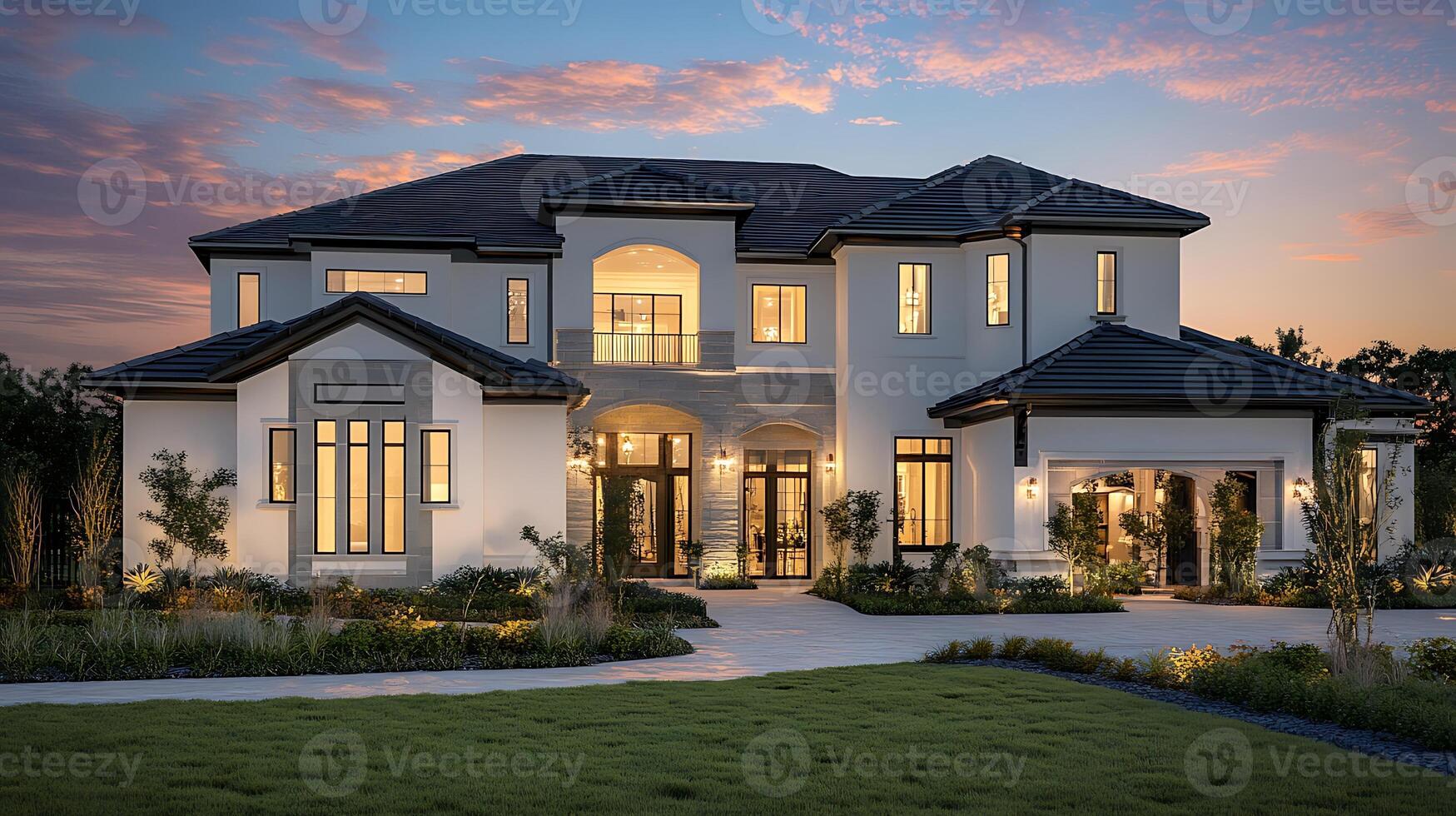 Luxurious Modern Residence Sparkling Against the Evening Sky photo