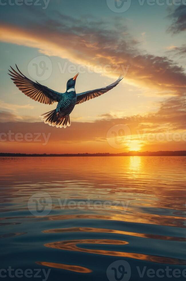 A bird soaring over a tranquil lake at sunset, capturing the beauty of nature. photo