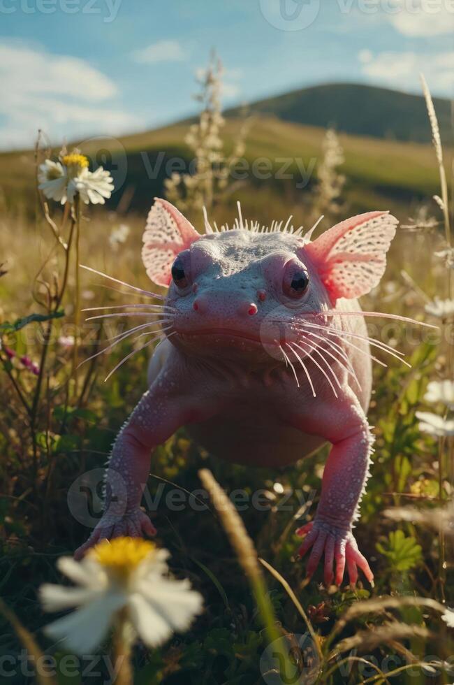 A whimsical creature resembling a pink amphibian in a flower-filled meadow. photo