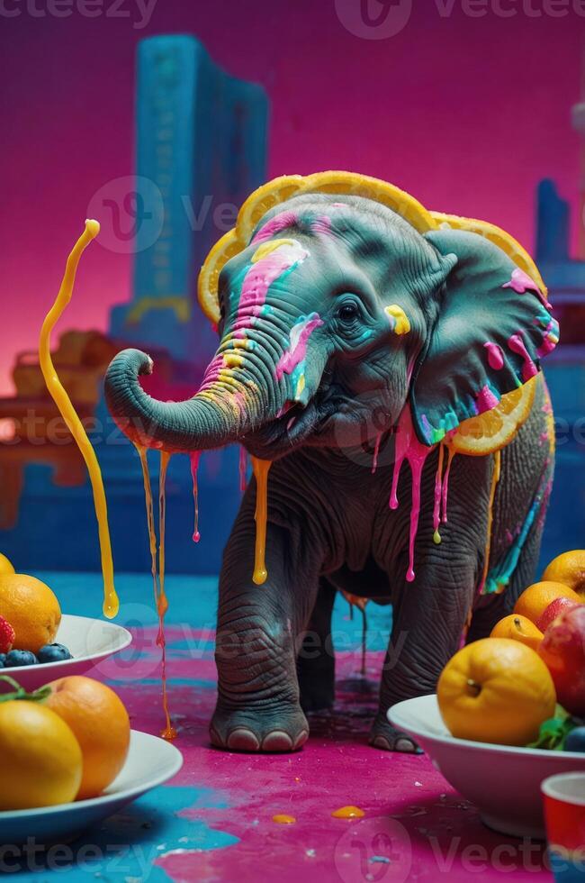 A colorful elephant covered in paint stands among vibrant fruits on a creative backdrop. photo