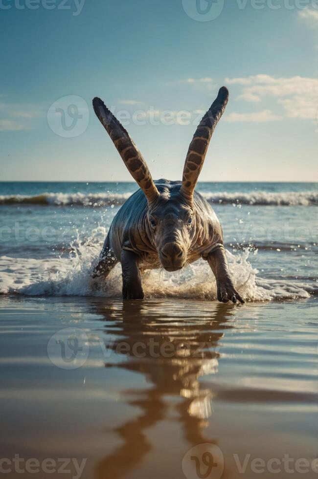 A fantastical creature resembling a mix of a seal and a rabbit emerges from the ocean waves. photo