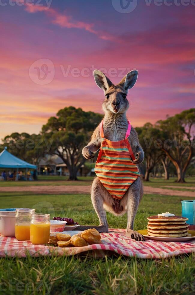 A kangaroo in an apron stands by a picnic spread at sunset. photo
