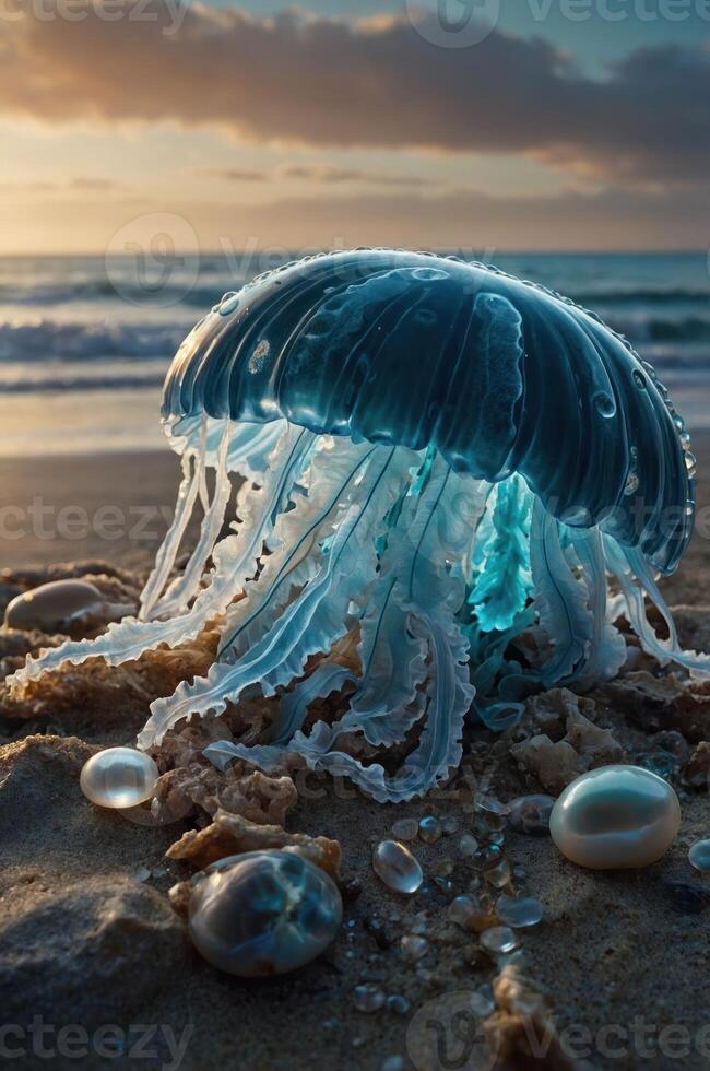A jellyfish rests on the beach at sunset, surrounded by shells and ocean waves. photo