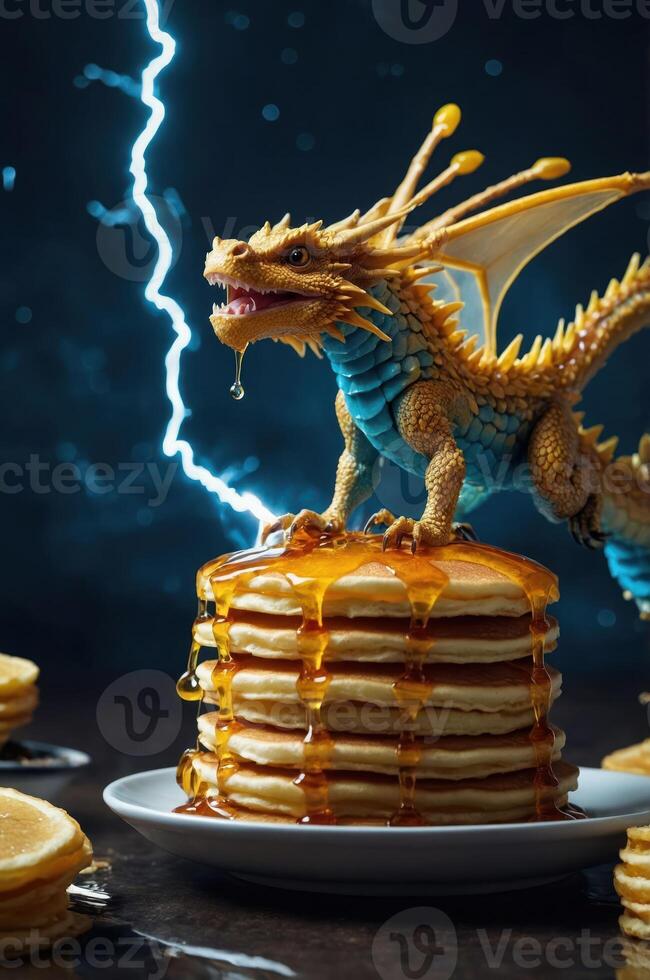 A colorful dragon figurine atop a stack of pancakes with syrup, illuminated by lightning. photo