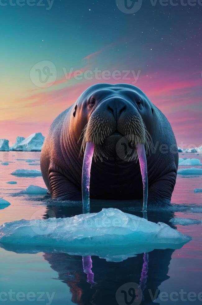 A walrus with colorful water streams on an ice floe at sunset. photo