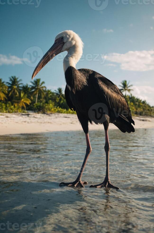 A tall bird stands in shallow water on a beach, surrounded by palm trees and a clear sky. photo