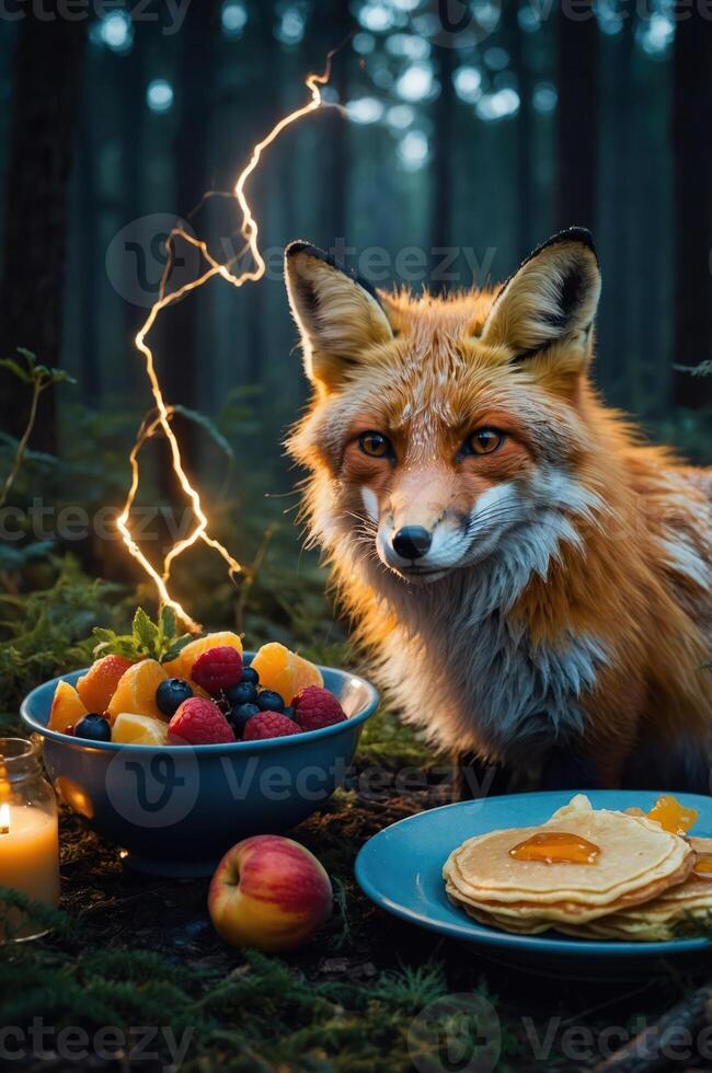 A fox sits beside a bowl of fruit and pancakes in a forest, illuminated by lightning. photo