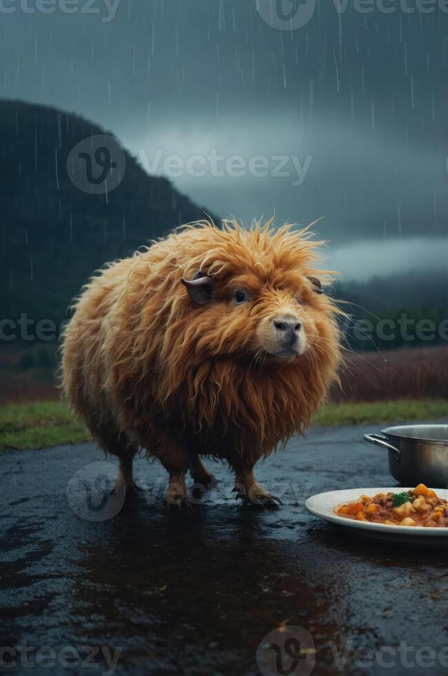 A fluffy, orange creature stands near a plate of food in a rainy, mountainous landscape. photo