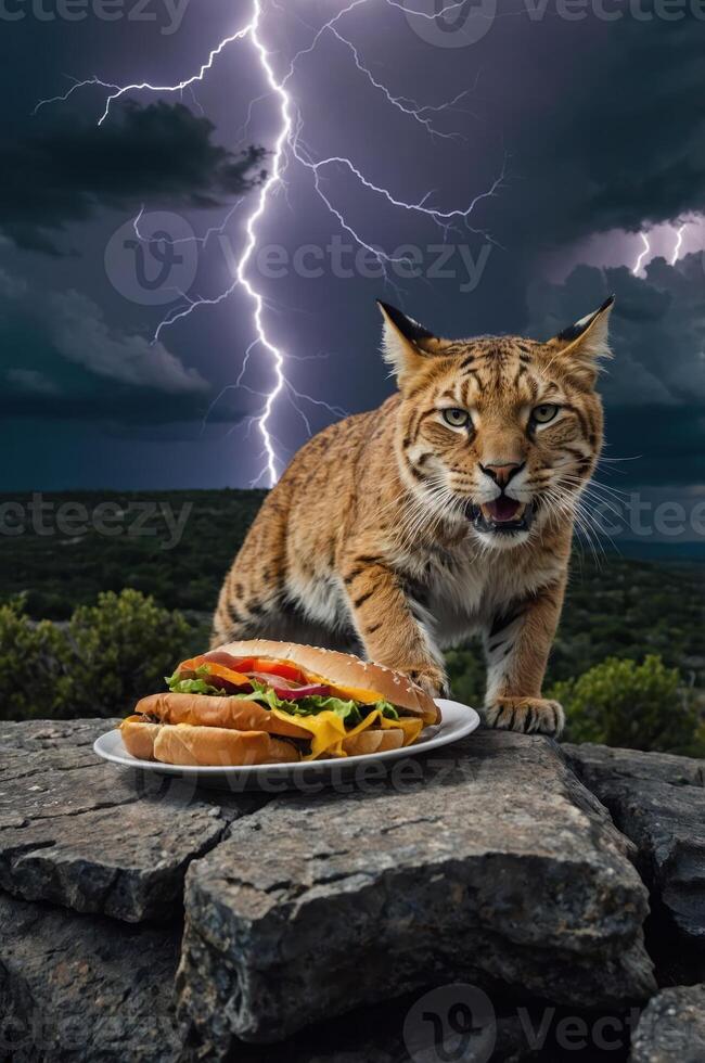 A lynx approaches a plate of burgers under a stormy sky with lightning. photo