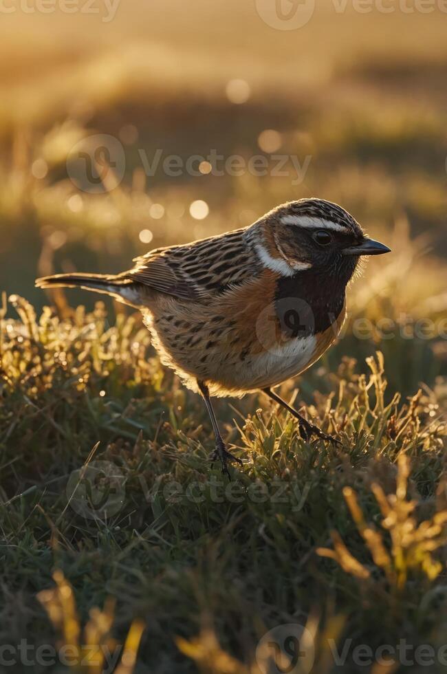 A small bird with a brown and white plumage stands on grass, illuminated by soft sunlight. photo