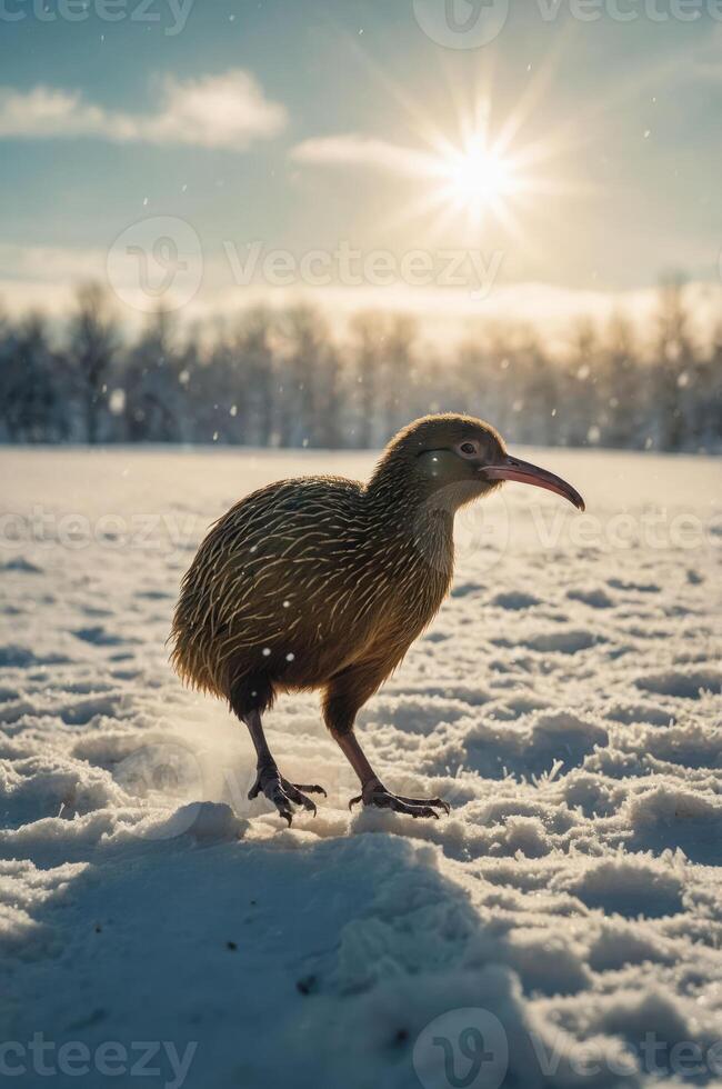 A kiwi bird walking through the snow under a bright sun in a serene winter landscape. photo
