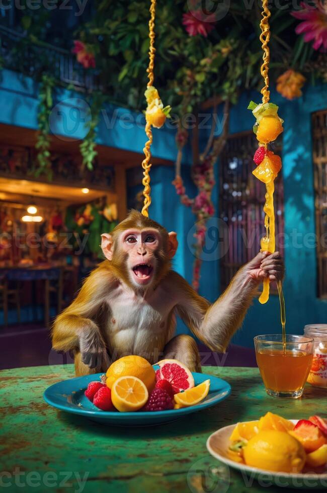 A monkey enjoys a colorful fruit feast in a vibrant, tropical setting. photo