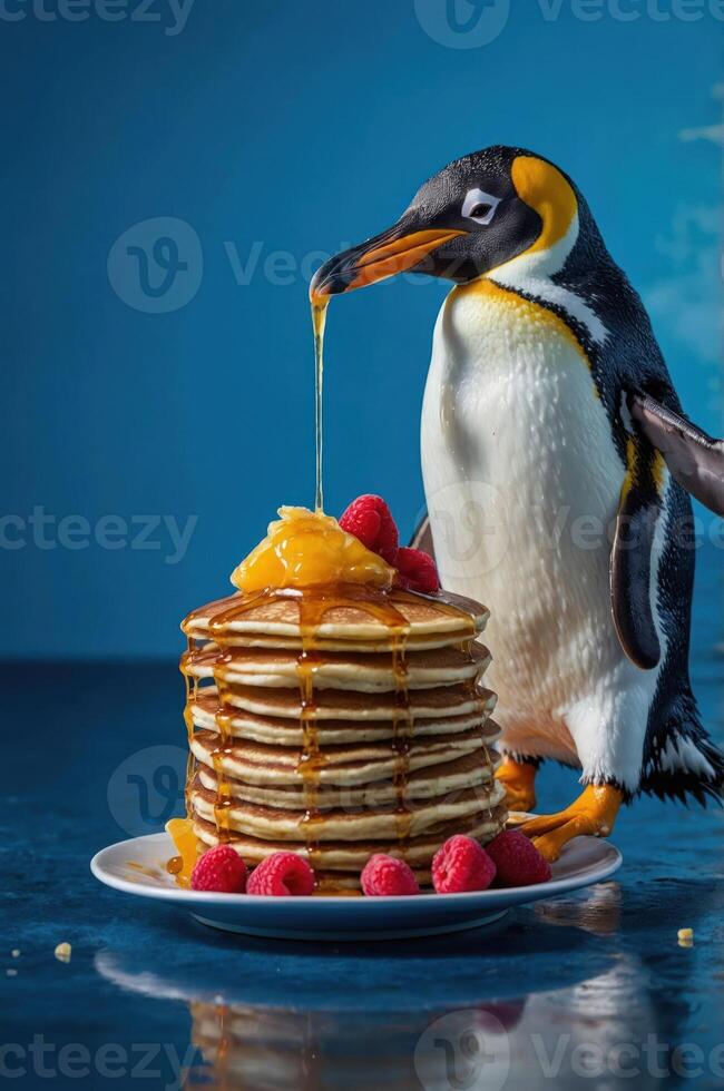 A penguin pouring syrup over a stack of pancakes with raspberries and orange on a plate. photo