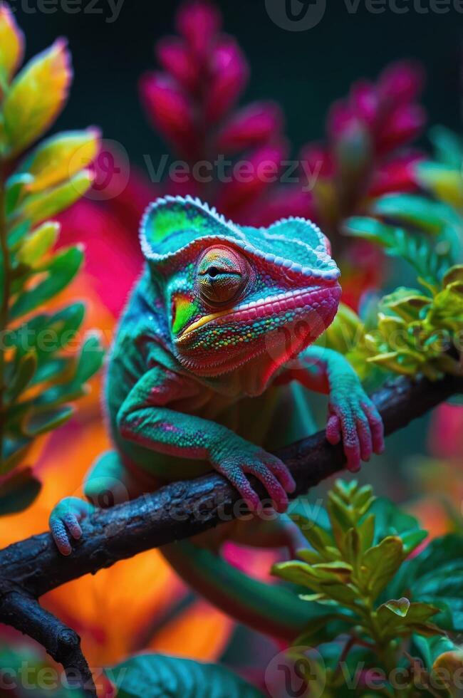 A colorful lizard perched on a branch surrounded by vibrant foliage. photo