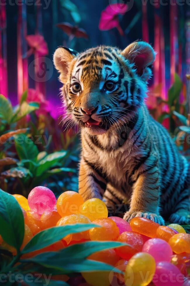 A playful tiger cub surrounded by colorful jelly-like candies in a vibrant forest setting. photo