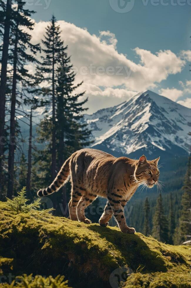 A wild cat walks through a lush forest with mountains in the background. photo