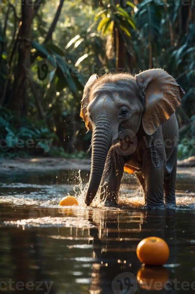 A playful elephant splashes in water with oranges, surrounded by lush greenery. photo