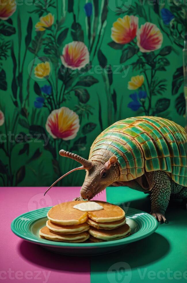 An armadillo curiously approaches a plate of pancakes with butter in a vibrant setting. photo