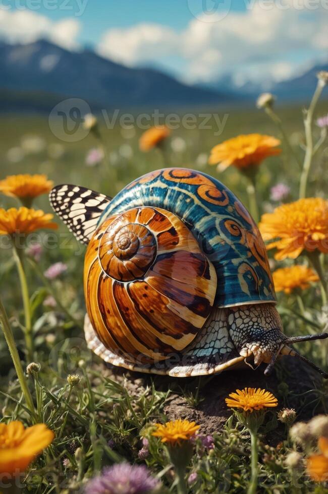A colorful snail shell with a butterfly resting on it amidst vibrant flowers in a scenic landscape. photo