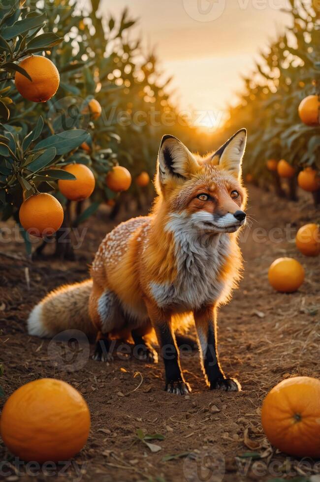 A fox stands in an orange grove at sunset, surrounded by oranges on the ground. photo