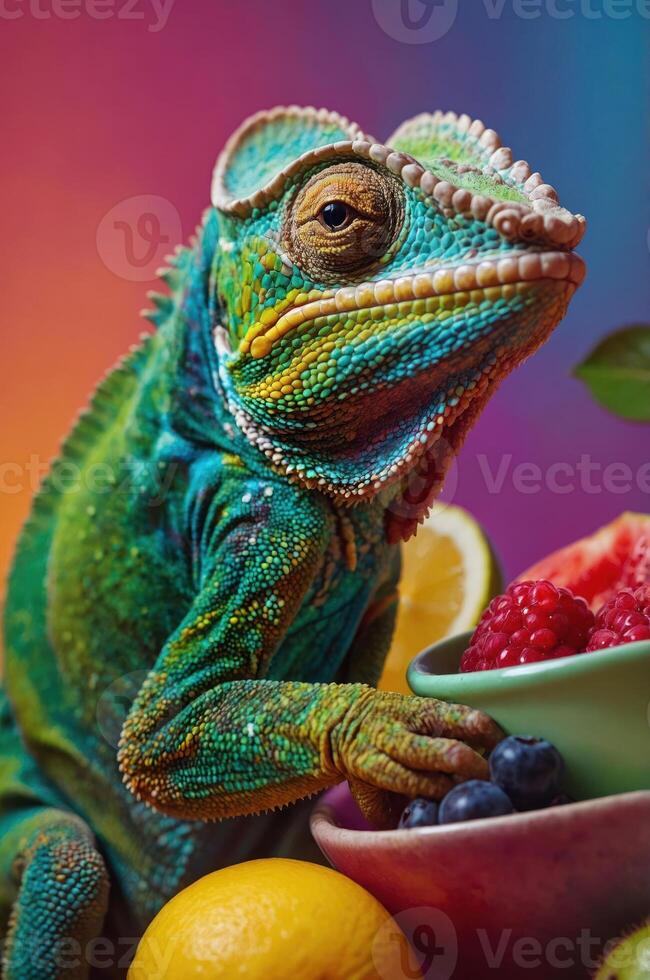 A colorful lizard poses beside a bowl of fruits and citrus, showcasing vibrant colors. photo