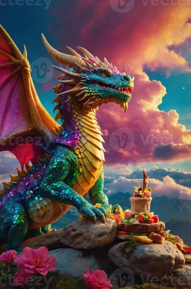 A colorful dragon perched on rocks, surrounded by flowers and a cake, under a vibrant sky. photo