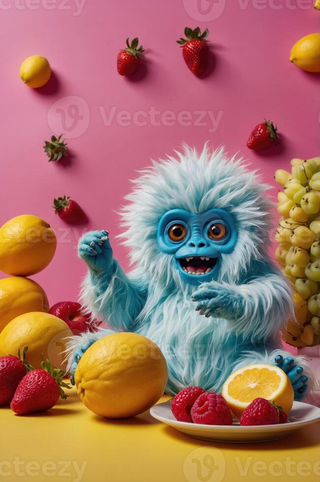 A playful blue creature surrounded by fruits on a colorful background. photo