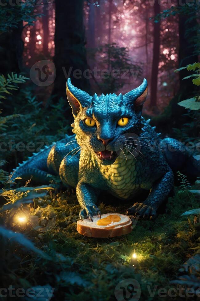 A fantastical creature with bright eyes enjoys a slice of orange in a mystical forest setting. photo