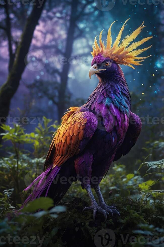 A vibrant, mythical bird with colorful plumage stands in a mystical forest setting. photo