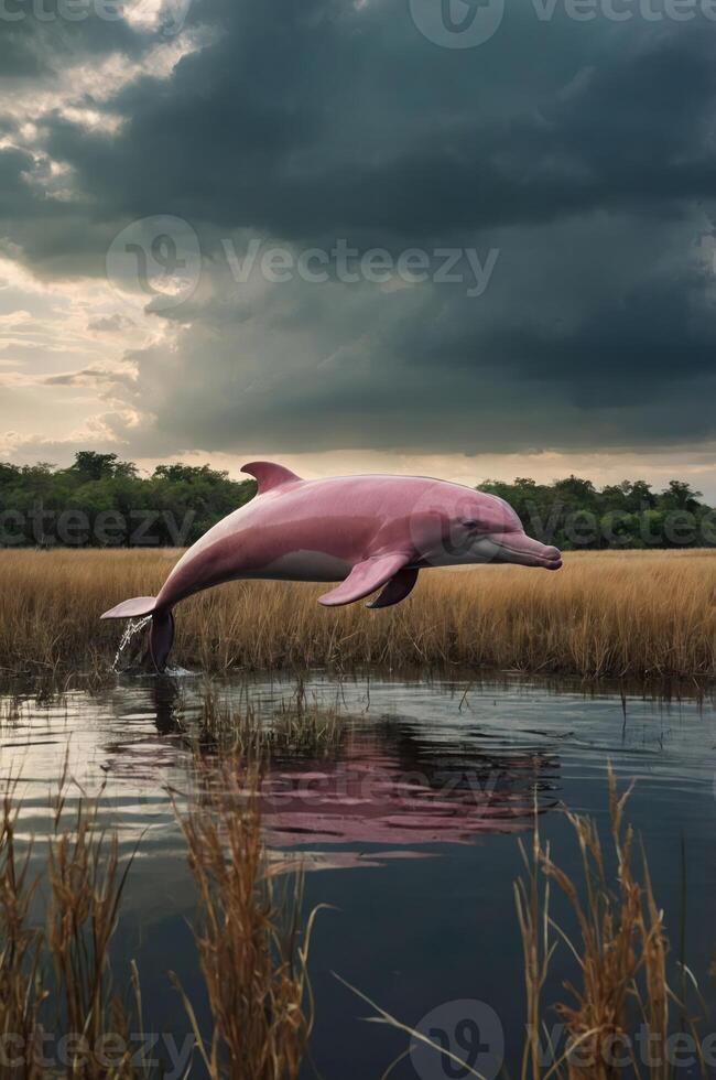 A pink dolphin leaps above the water in a marshy landscape under a cloudy sky. photo