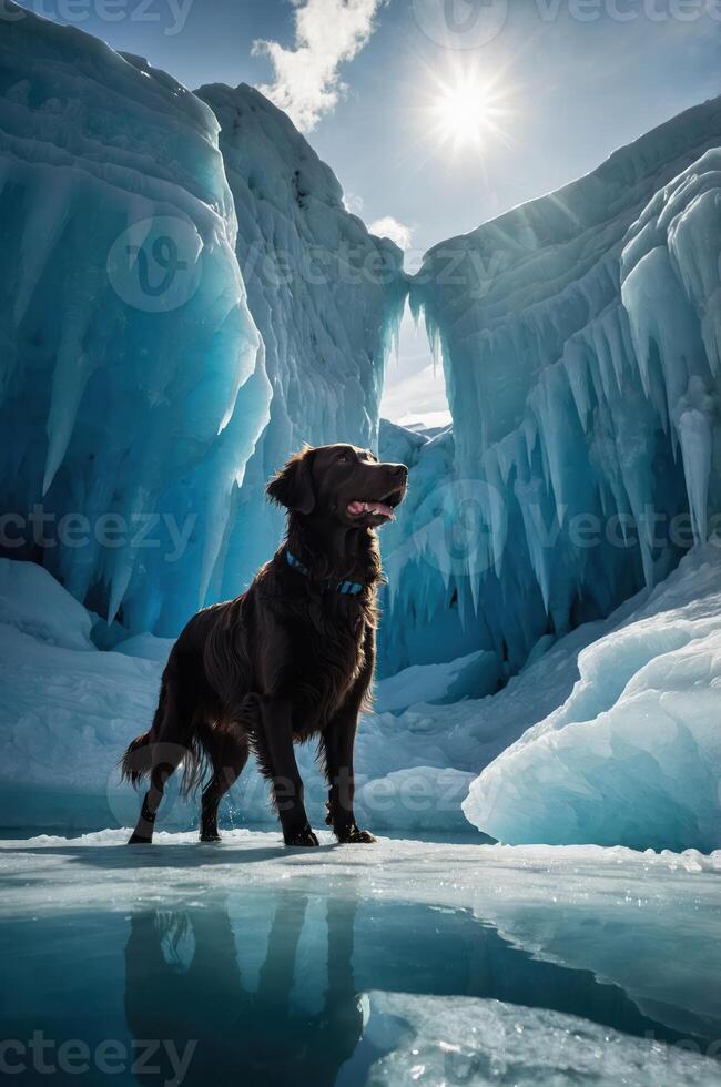 A dog stands on ice surrounded by blue ice formations under a bright sun. photo
