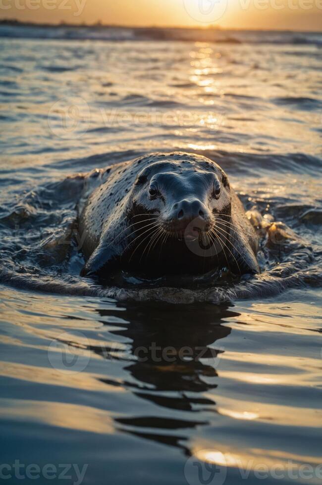 A seal swimming in the water during sunset, creating a serene and natural atmosphere. photo