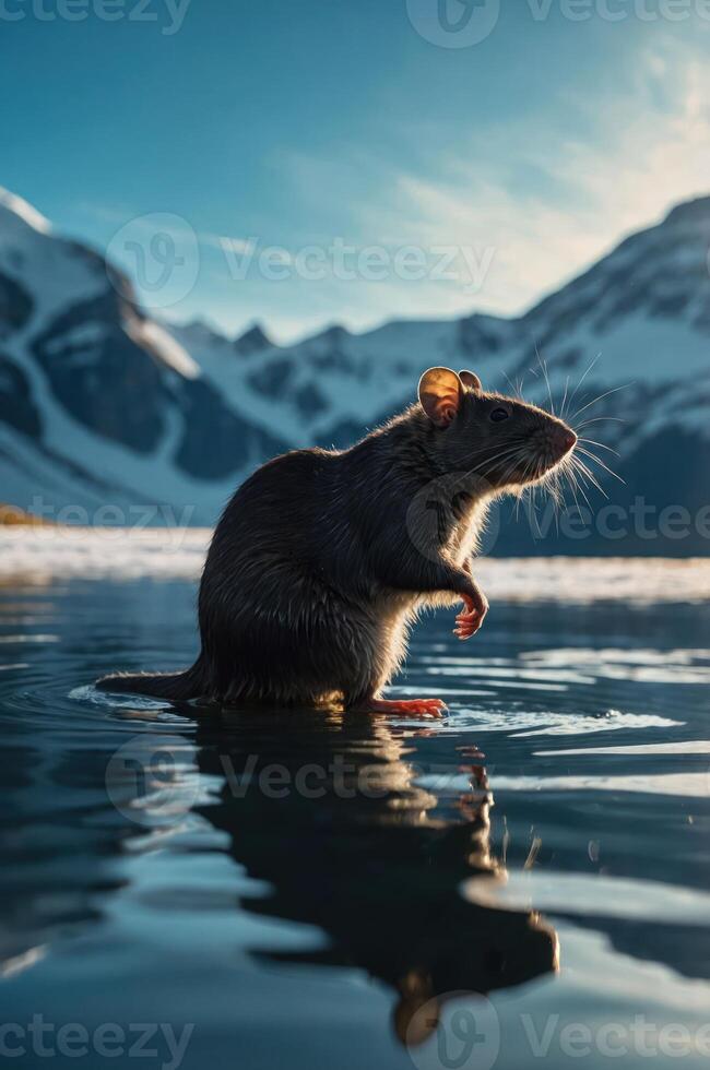 A rat stands in a reflective body of water with mountains in the background, bathed in sunlight. photo